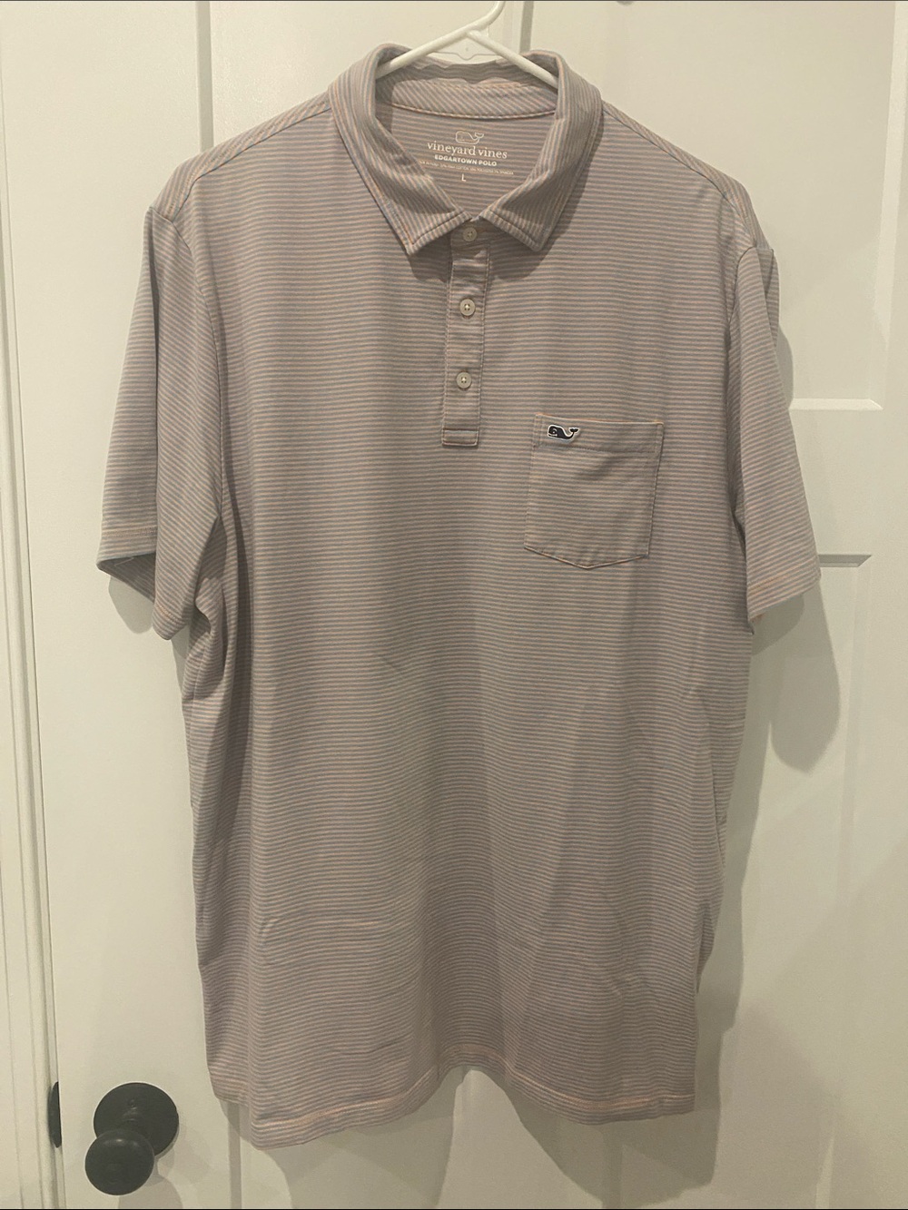 Vineyard Vines Men’s Light Blue and Orange Striped Pocket Polo